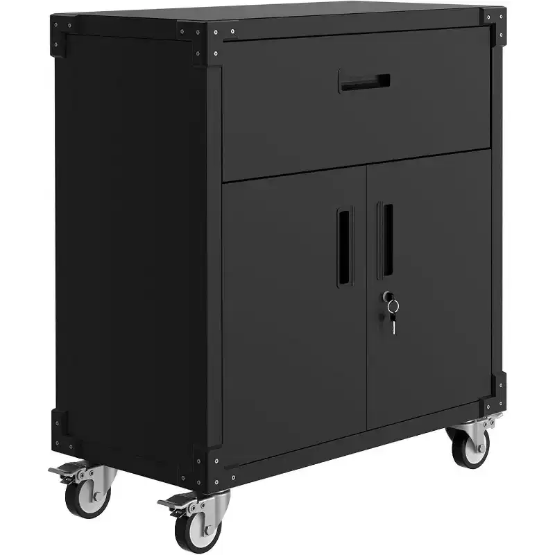 Heavy Duty Rolling Garage Storage Cabinets with Wheels, Metal Tool Cabinet with Drawer, Adjustable Shelf & Locks for Warehouse Workshop, Black