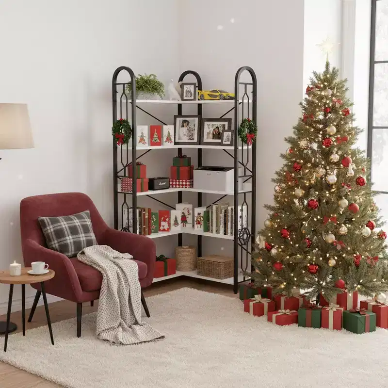 5-Tier Corner Bookshelf with Metal Frame, Space-Saving Storage Rack for Living Room or Office