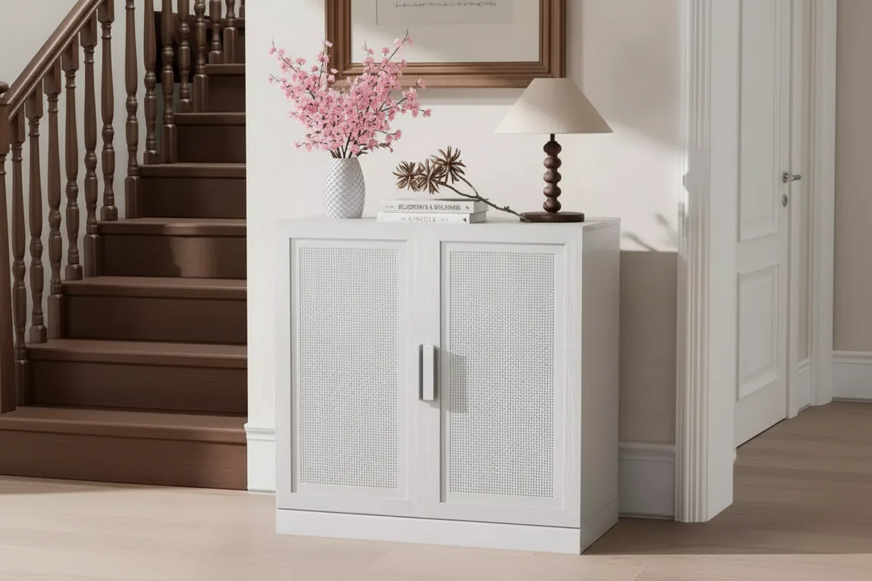 31 in. Tall Wood Grain Storage Cabinet in White, Storage Organizer with 2 Rattan Weave Doors for Bedroom Living/Dinning Room