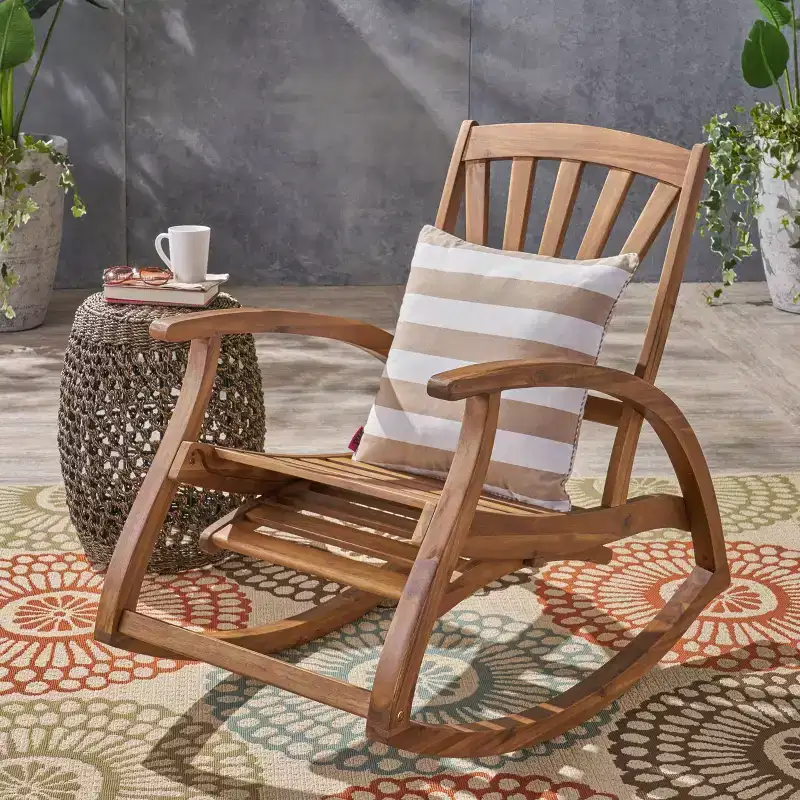 Okak Sleek Boho Recliner Chair Acacia Rocking Chair with Retractable Footrest for Garden,Porch&Backyard,Outdoor Leisure Chair