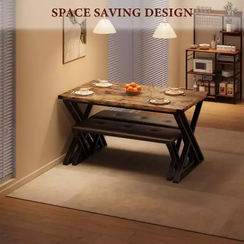 Dining Table with 2 Benches, Kitchen Table Set for 4, 3 Piece Dining Table Set for Small Space, Apartment, Saving Space for Kitchen