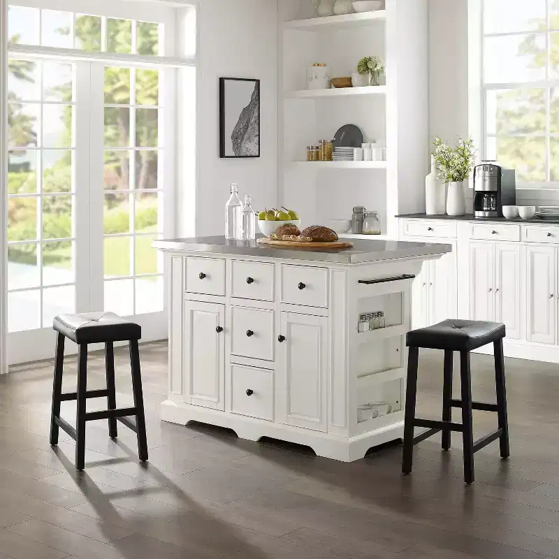 Julia Stainless Steel Top Kitchen Island: Includes 2 Stools, Spice Rack, Towel Bar - Crosley