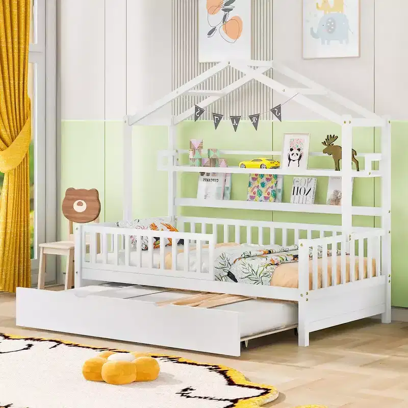 Twin size Wooden House Bed Frame, Kids Bed with Trundle, Shelf, Safe Guardrails