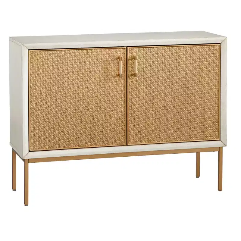 Lati Rattan Door Buffet Antique White/Natural: Glam Style Sideboard, Adjustable Shelves