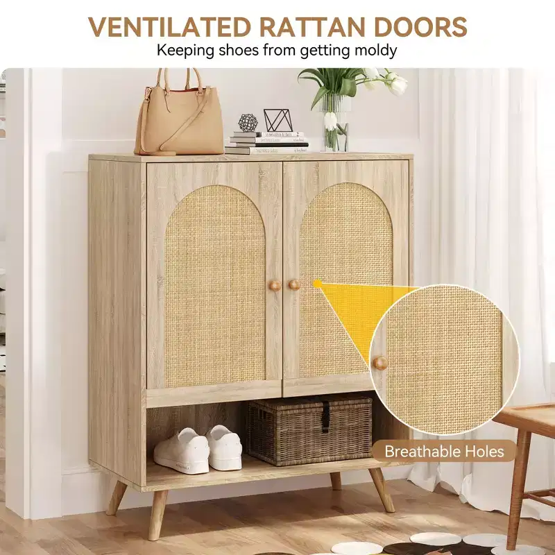 Shoe Cabinet, Entryway Cabinet  2PCS 4-Tier Rattan Door Cabinet with Adjustable Shelves White Oak for Home