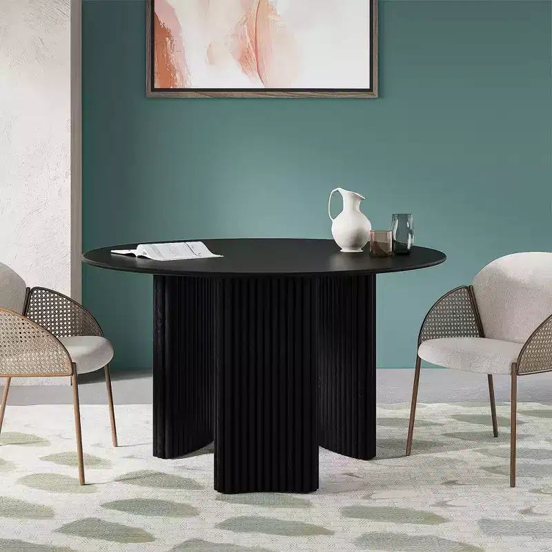 PexFix 52 Modern Round Dining Table with Striped Column Legs Solid Wood Kitchen Table Anti-Scratch Footpads for Dining Room & Kitchen Bar in Black
