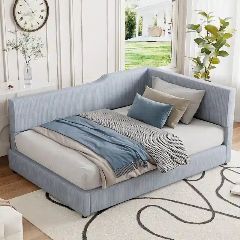 L-Shaped Daybed with Corduroy Upholstery, Solid Frame, 500 lbs Capacity