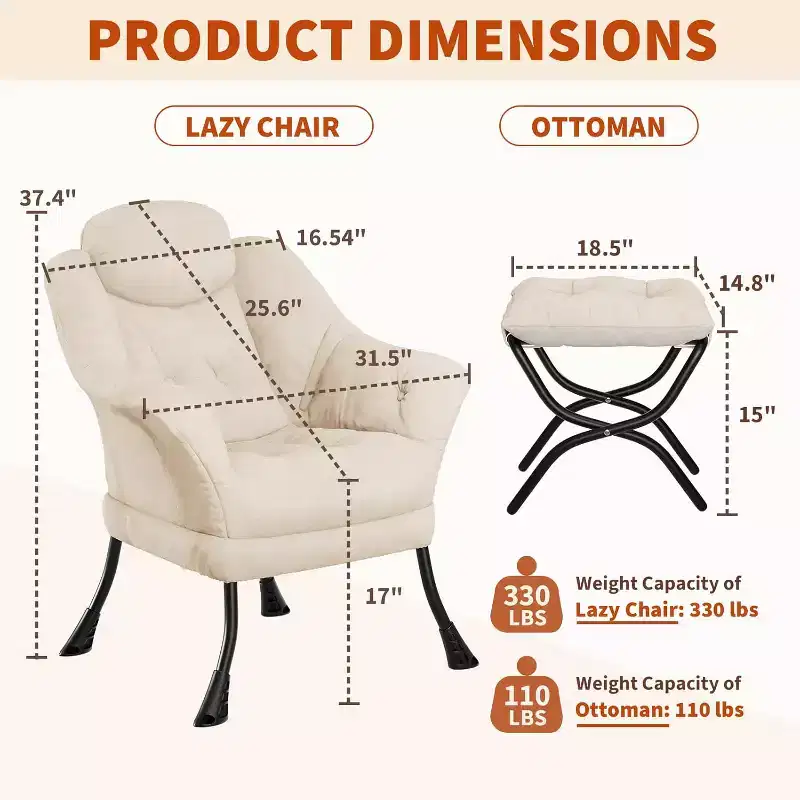 Lazy Chair with Ottoman, Modern Reading Chair, Removable Washable Cover, Ergonomic Support, for Bedroom, Living Room