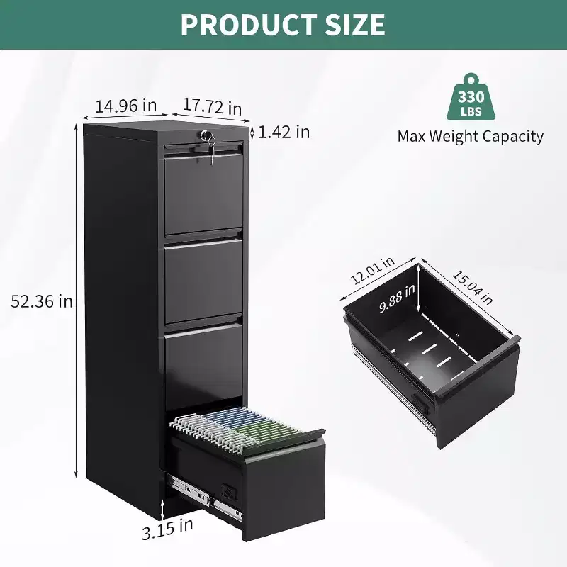 4-Drawer Vertical File Cabinet with Lock, Metal Filing Cabinet for Home Office, A4/Letter/Legal Hanging Files