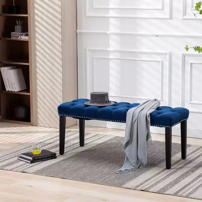 TUYOHW 45.2 Modern Velvet Bench Ottoman with Tufted Upholstered Rectangle Entryway Bench with Wood Legs Shoe Bench for Living Room, Bedroom