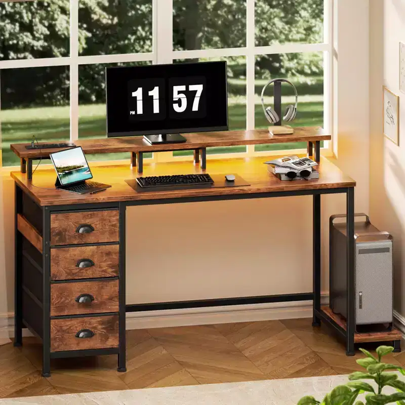 47 Inch Rustic Brown Computer Desk with Charging Station Reversible Gaming Desk LED Lights 4 Fabric Drawers Monitor Stand Home Office Writing Table