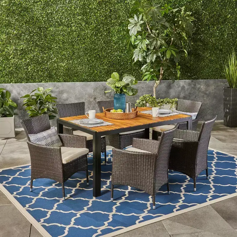 Christopher Knight Home Abel Outdoor Acacia Wood and Wicker 7 Piece Dining Set with Cushion, Teak/Multibrown