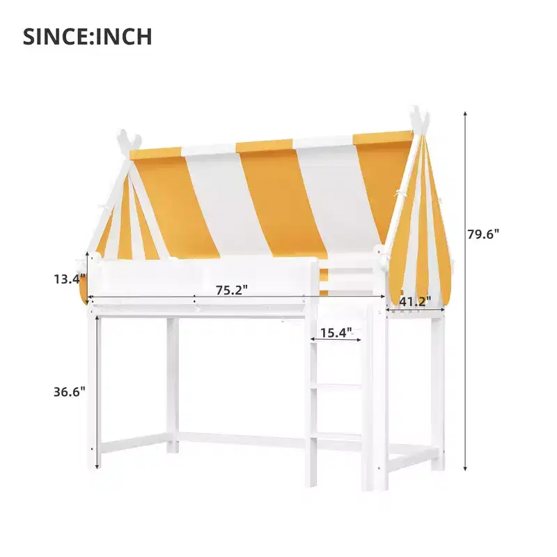 Luxystar Loft Bed with 2-Color Striped Canopy, Book Shelf and Stair