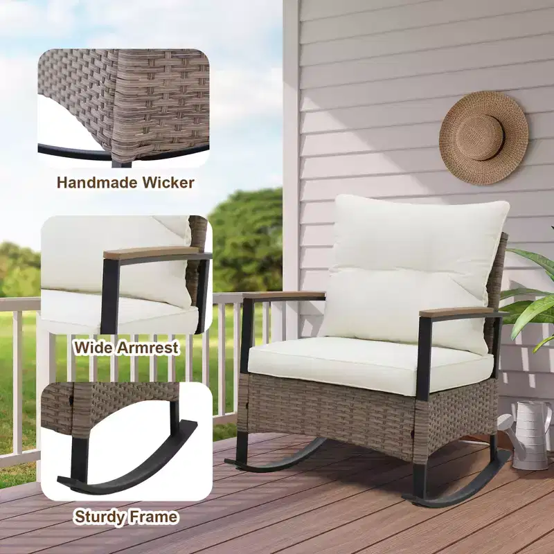 EAGLE PEAK 3PCS Patio Rattan Conversation Set Rocking Chair Cushioned Sofa Garden Furniture