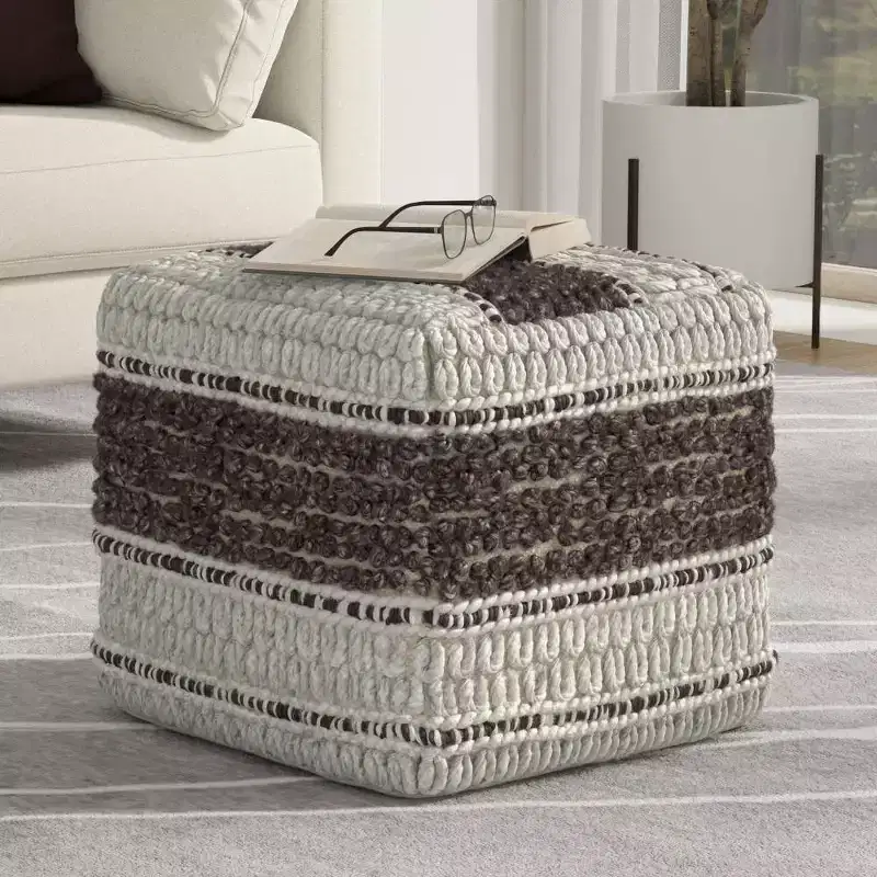 Square Handwoven Wool Pouf Magenta/Natural – 18x18x14