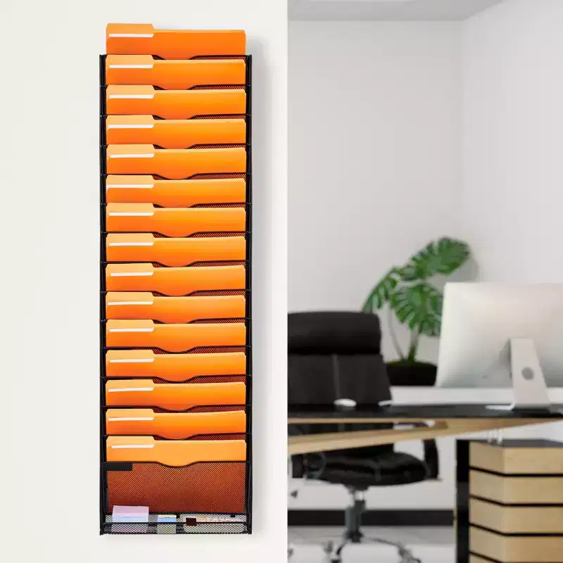16-Pocket Mesh Wall Mounted File Organizer for Office and Home - Metal Document Rack