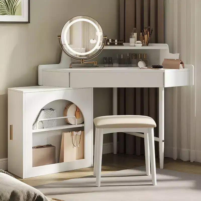 Okak Modern Makeup Vanity with Folding Mirror and Stool, Corner Vanity with Large Storage, Small Vanity Desk for Living Room, Dressing Room, White
