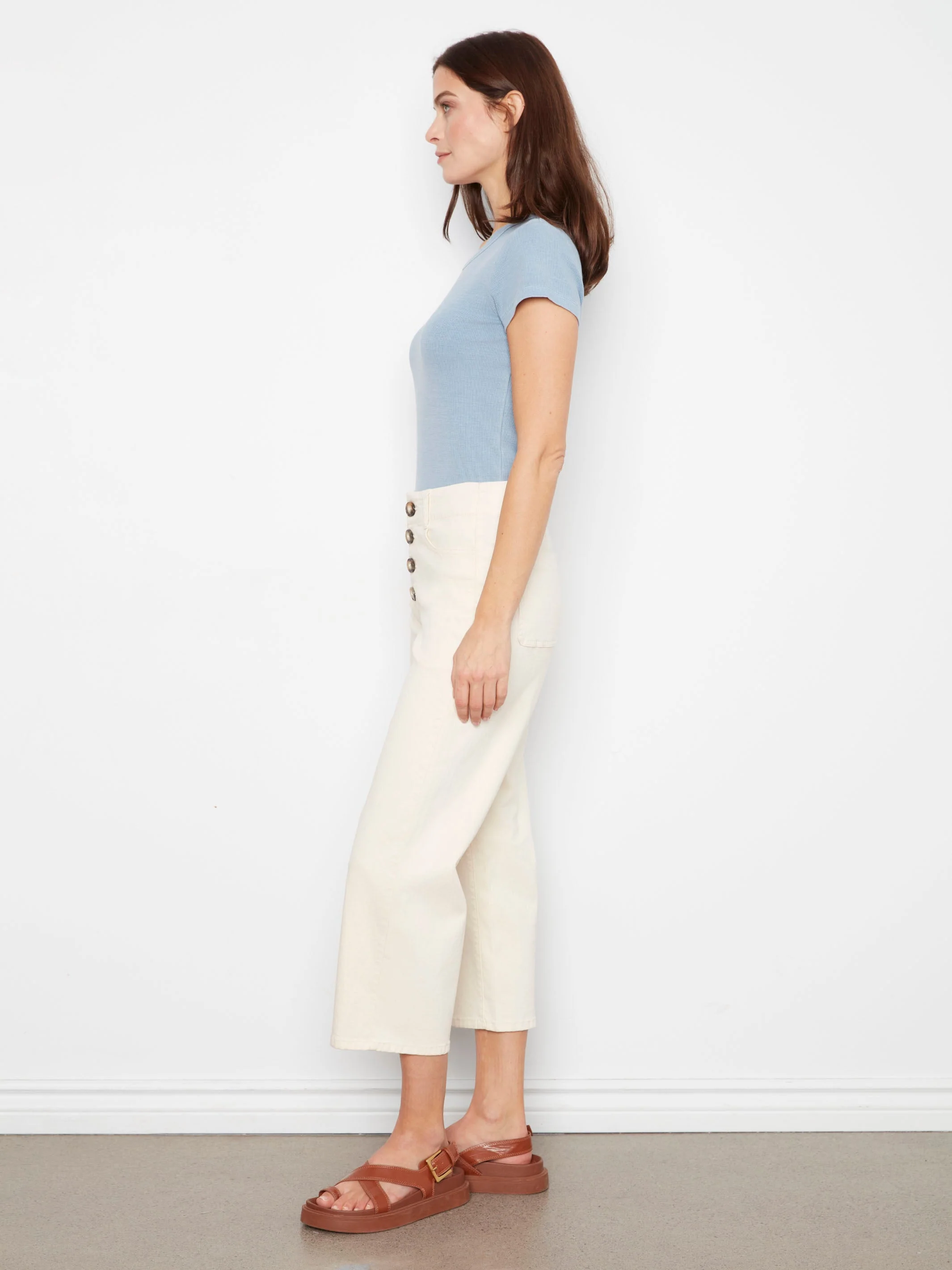 Front Button-Fly Crop Pants - Natural