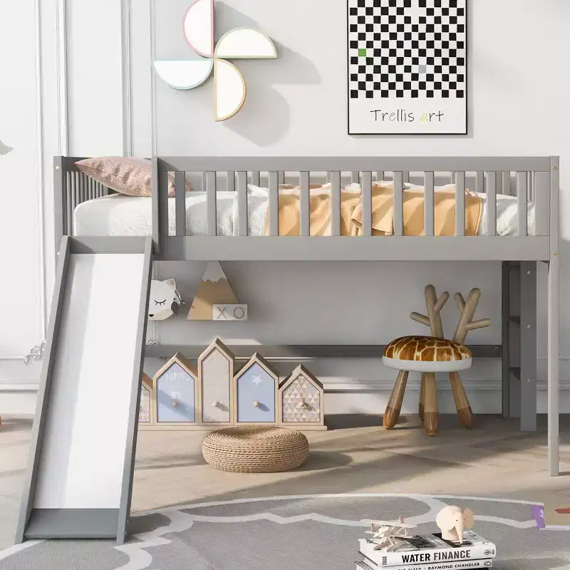 Bellemave Full Size Low Loft Bed with Slide & Vertical Ladder, Solid Wood Frame, Space-Saving Design for Kids, Gray