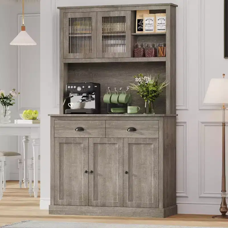 5-Door Tall Kitchen Pantry Cabinet with Microwave Stand, Modern Hutch, Rustic Grey, 71