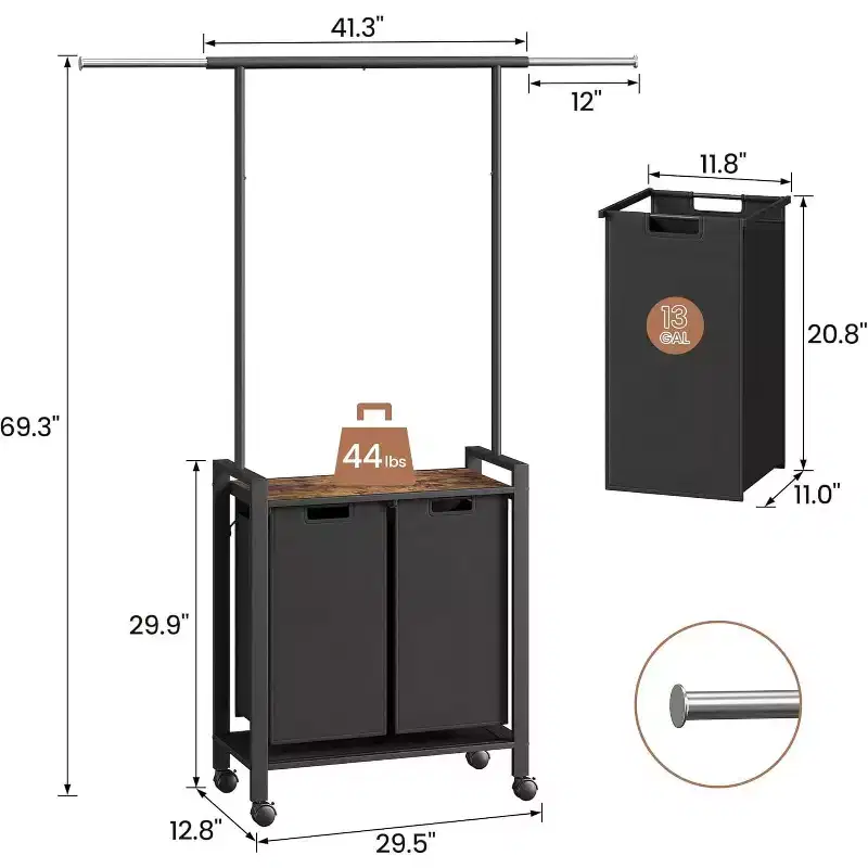 Laundry Sorter Cart with Hanging Rack & Utility Shelf Section Rolling Laundry Hamper with Lockable Wheels Laundry Basket Organizer for Laundry Room