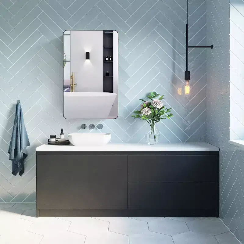 Basicwise Aluminum Bathroom Medicine Cabinet, Beveled Mirror, Round Frame, 2 Adjustable Shelves, Surface or Recessed Mount, Black Finish