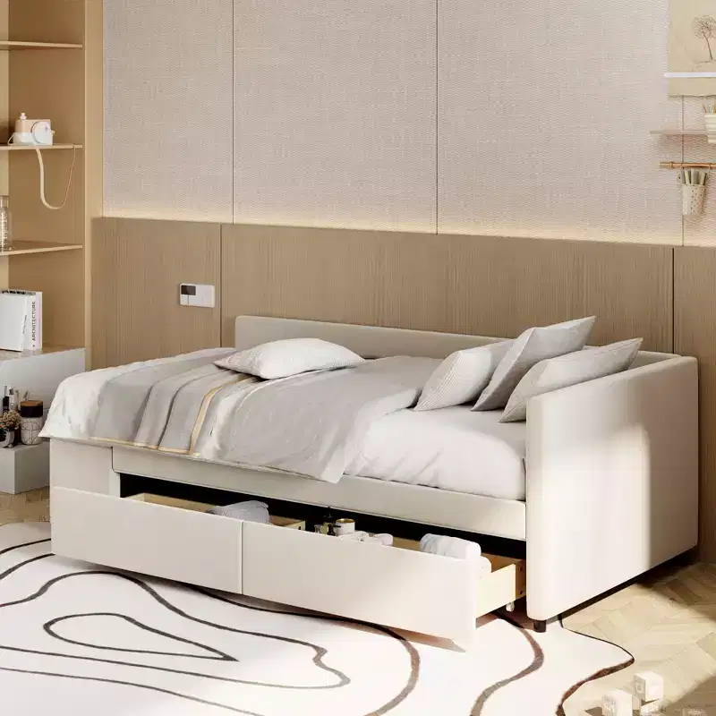 Wood L-Shaped Upholstered Daybed with Side Storage Shelf, Twin Size Velvet Sofa Bed with 2 Drawers for Bedroom