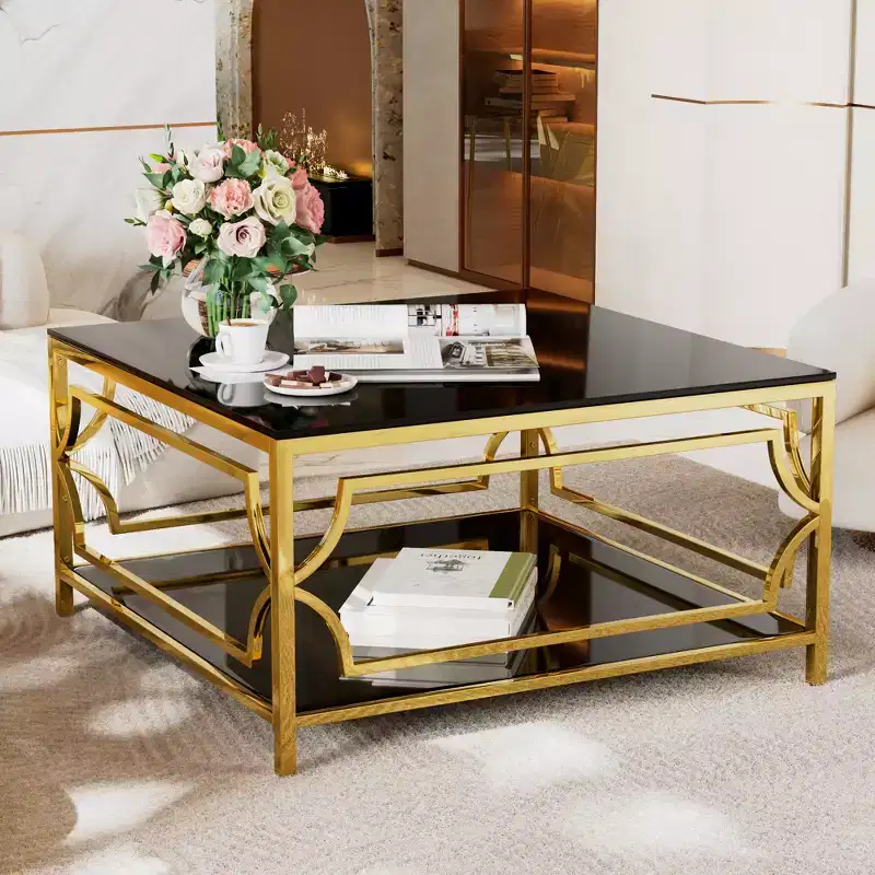 Merax Square Coffee Table with Black or Clear Glass Top and Two-Tier Display Shelf