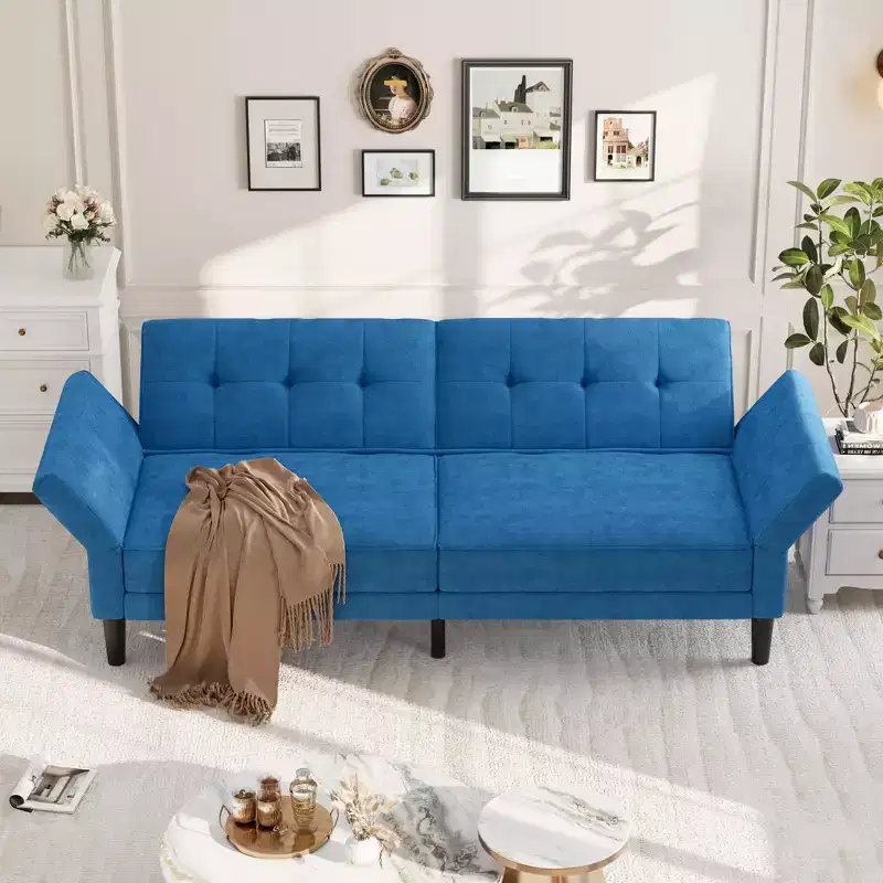 89 Futon Sofa Bed, Modern Chenille Sleeper Couch with Adjustable Backrest & Armrest, Convertible Futon Couch for Living Room Bedroom Apartments