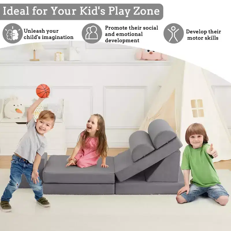 10 Pcs Modular Kids Play Couch, Soft Foam Toddler Couch with Ball Pit for Boys Girls, Convertible Child Sectional Sofa, Gray