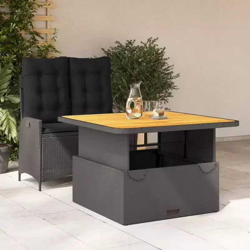 vidaXL Patio Dining Set with Cushions - 2 Piece Black Poly Rattan Outdoor Furniture Garden Table and Reclining Bench