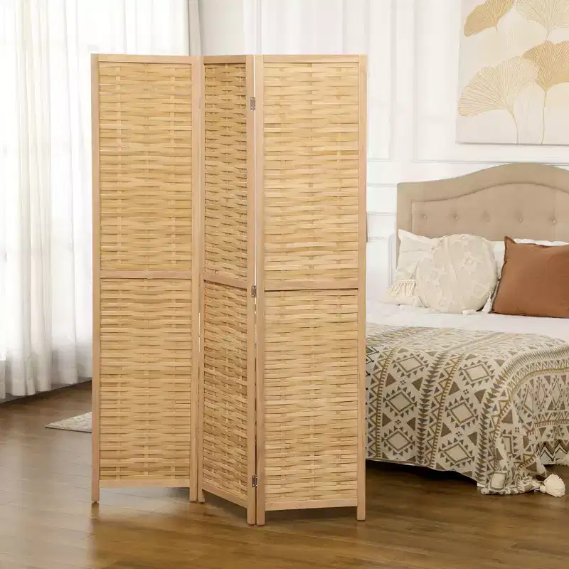 HOMCOM Room Divider, 5.5' Tall Bamboo Portable Folding Privacy Screens, Hand-Woven Double Side Partition Wall Dividers for Home, Natural