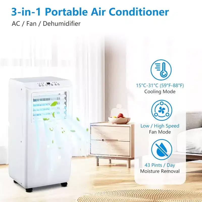 Acekool 10,000 BTU Portable Air Conditioner, 3-in-1 Cooling Fan Dehumidifier, Remote, 24H Timer, Window Kit for Rooms up to 450 Sq Ft
