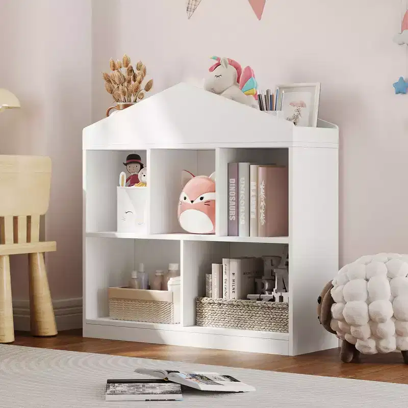 5-Cubby Kids Toy Storage Organizer - White Wooden Bookshelf for Playroom, Nursery & Kids Bedroom