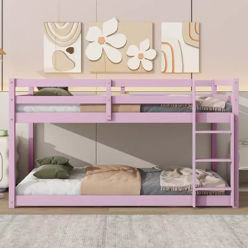 77.3IN Twin-Over-Twin Floor Bunk Bed with Ladder, Guardrail and Strengthened Slats, Bed Frame for Kids Room, Gaming Room, Pink