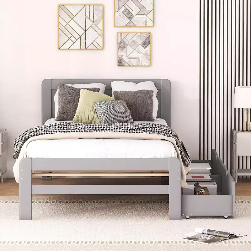 Acekool Twin Platform Bed with 2 Trundle Storage Drawers, Headboard, Sturdy Frame, No Box Spring Needed, Space Saving for Kids or Guest Room