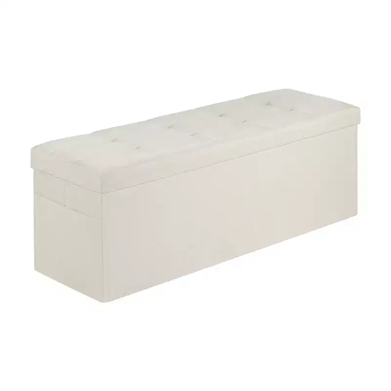 Foldable Storage Ottoman Bench, End of Bed Bench with Side Bags, Folding Upholstered Storage Chest Supports 660 lbs, Linen Bed Ottoman, Beige