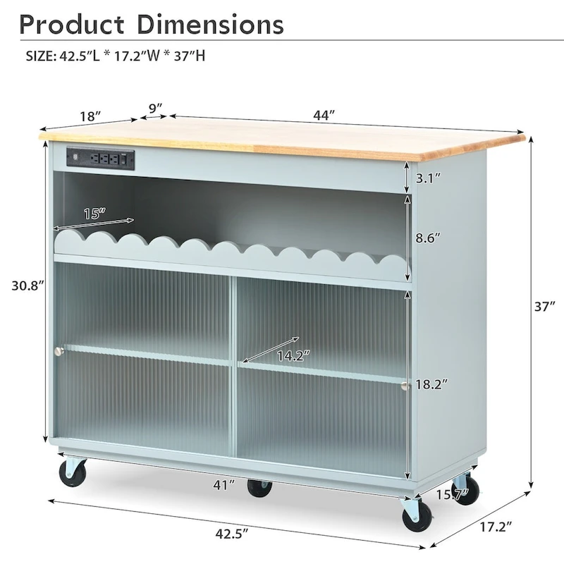 44 in. W Kitchen Island Rubberwood Drop-Leaf Countertop on 5 Wheels with Open Shelf and Wine Rack - 44