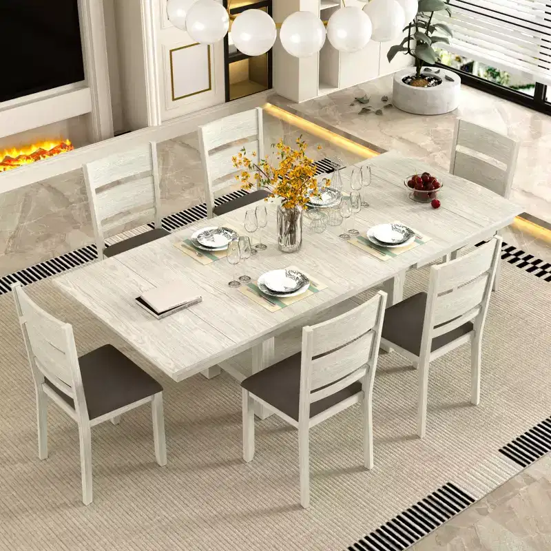 VECELO Rustic 7-Piece Extendable Dining Table Set for 6, Rubber Wood Table and 6 Armless Upholstered Dining Chairs, Gray
