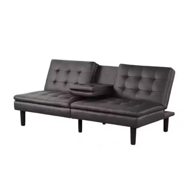 Royal Hampton Futon Sofa Bed, Drop-Down Tray and Cupholder, Gray Faux Leather