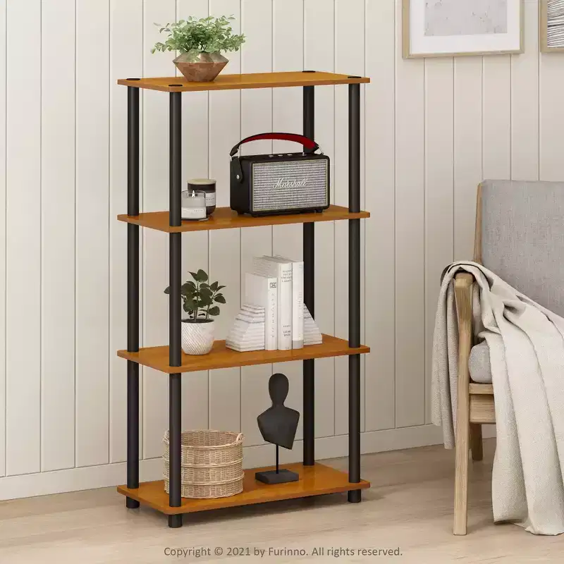 Furinno 4-Tier Ladder Decorative Bookshelf Open Multipurpose Shelf Display Rack Bathroom Kitchen Entryway Storage Shelves,Light Cherry/Black