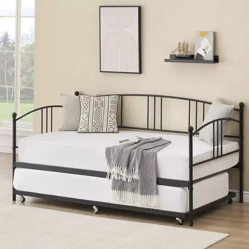 Daybed with Trundle, Metal Twin Size Day Bed, Trundle Bed Twin with Heavy Duty Steel Slats Platform for Living Room, Bedroom and Guest Room