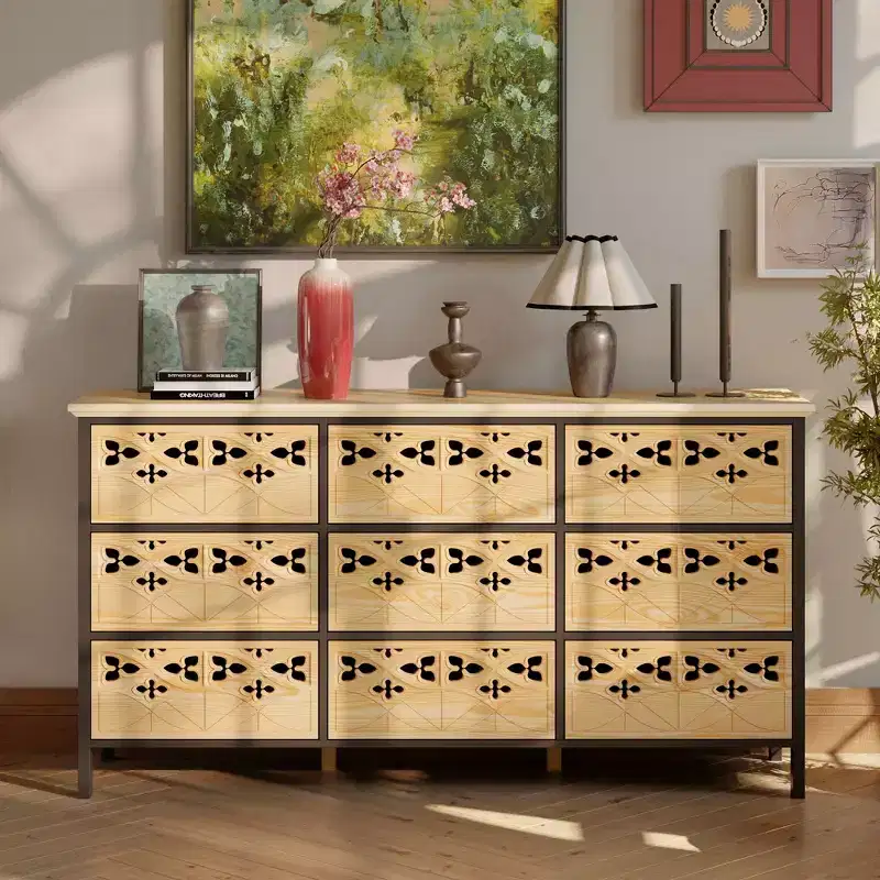 9-Drawer Chest, Dresser with Hollow Relief, Multi-Use Sideboard Buffet Table, Kitchen Pantry Cabinet, Bedroom/Dining/Living Room Art Piece