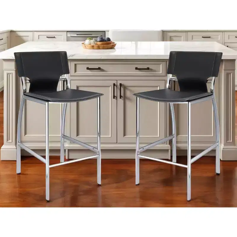 HomeRoots Set of Two 25 Gray and Silver Faux Leather and Metal Low Back Counter Height Bar Chairs