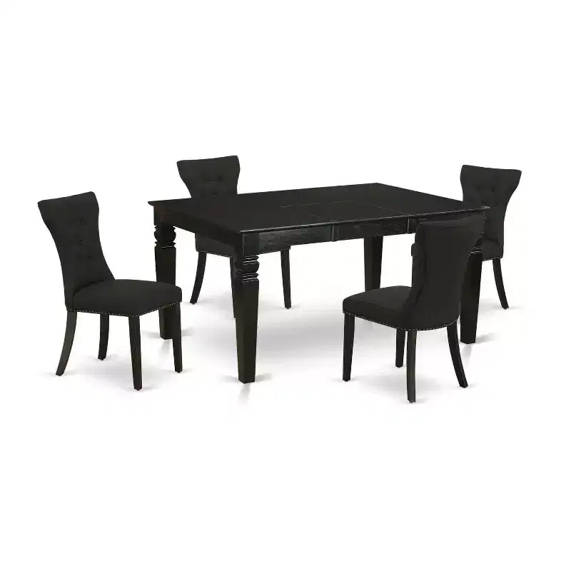 HomeStock 5-Piece Rectangle Black Finish Solid Wood Top Dining Table with 4 Parson Chair with Butterfly Leaf