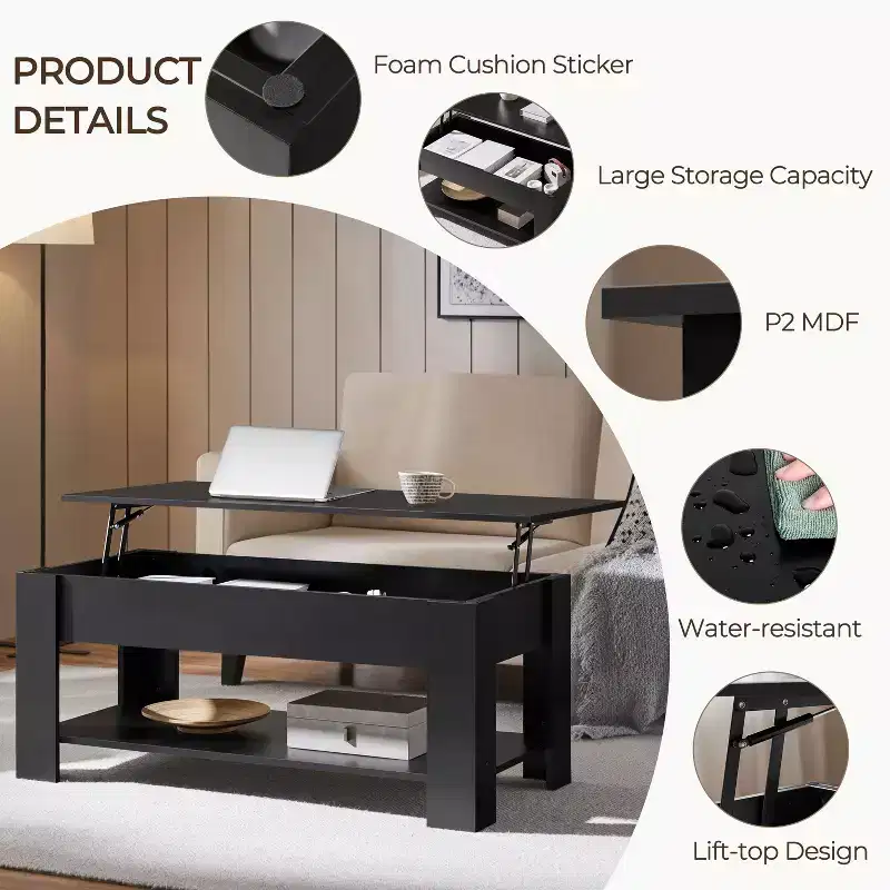 Lift Top Coffee Table with Hidden Compartment & Open Shelf For Living Room