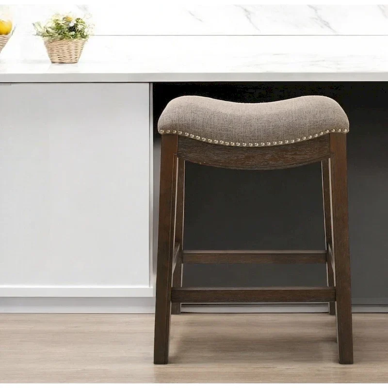Backless Counter Height Bar Chair, Gray & Brown Fabric Seat, Solid Wood Frame, 26in Seat Height