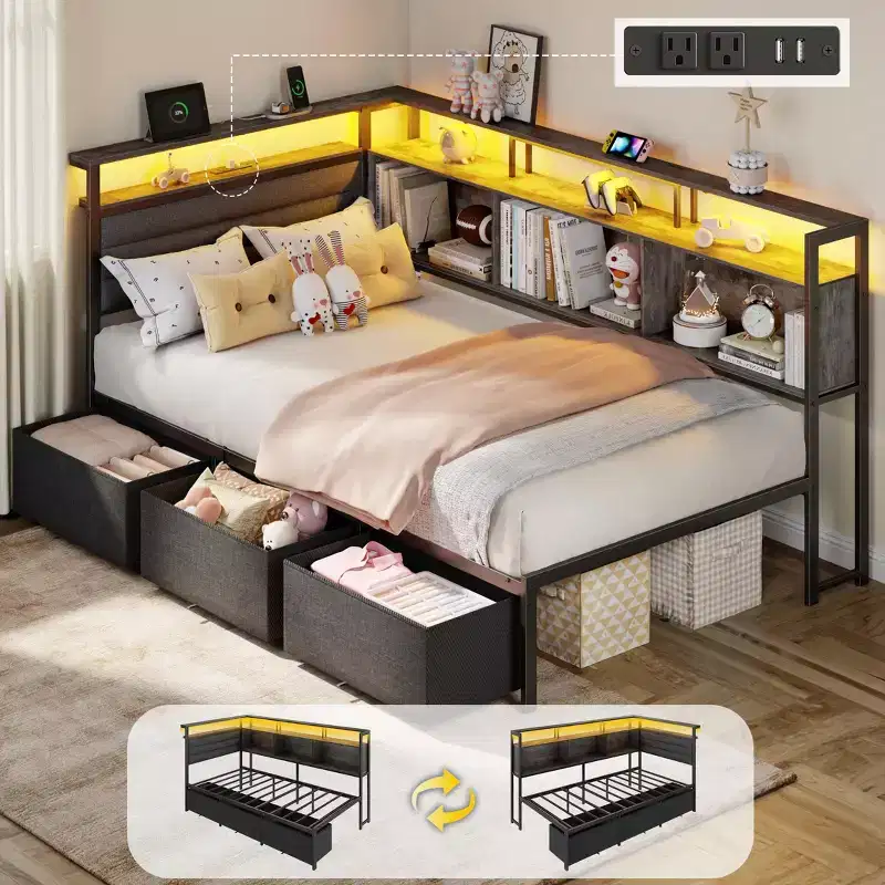 Twin Size Corner Daybed with 3 Storage Drawers, Bookcase, LED Lights, Charging Station and Upholstered Headboard, Gray
