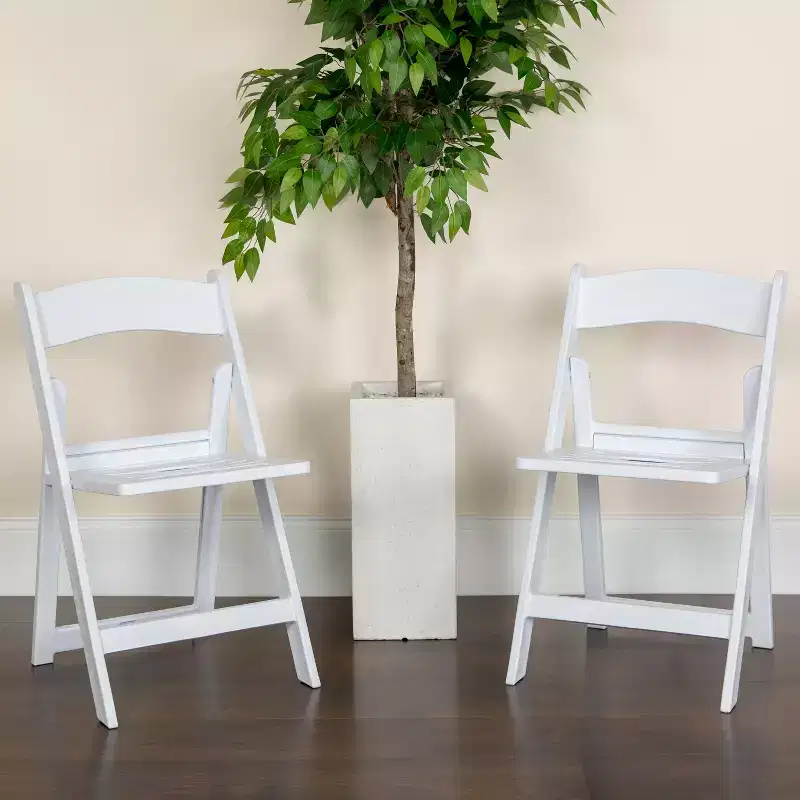 Emma and Oliver 2 Pack White Resin Slatted Party & Rental Folding Chair Indoor Outdoor