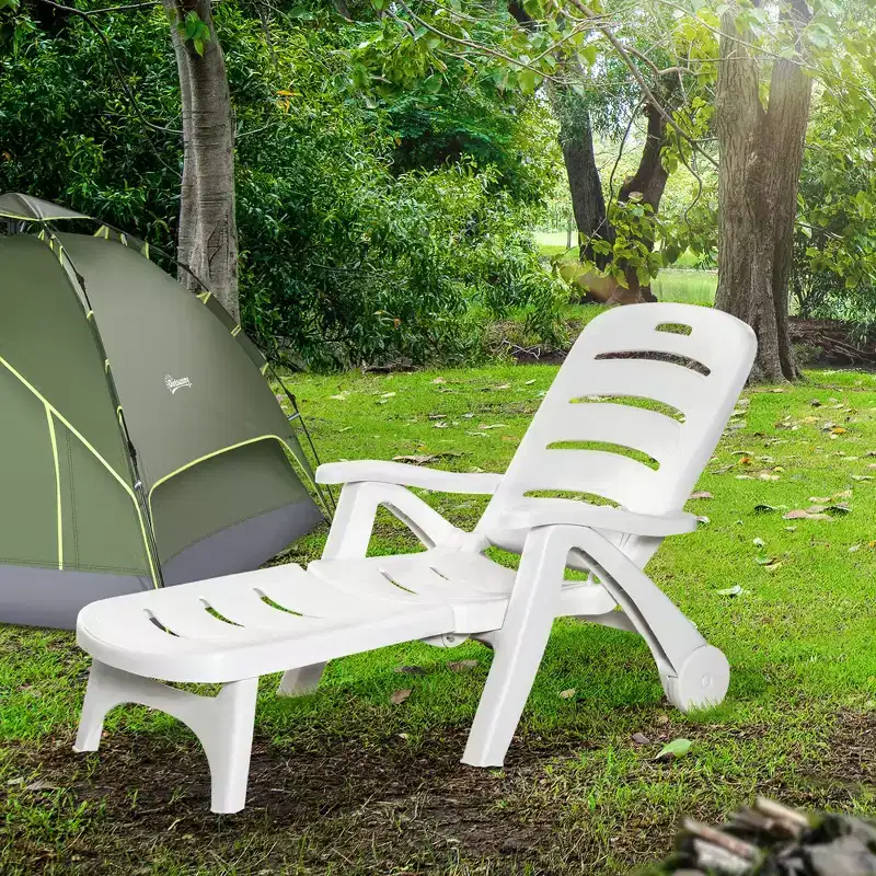 Outdoor Chaise Lounge, 5 Level Adjustable Backrest Lounge Chair with Wheels, Folding Tanning Chair for Pool, Beach, Patio, Garden, White
